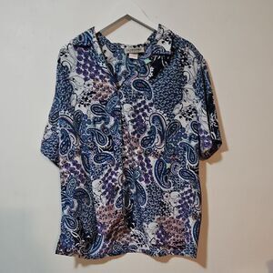 DONNKENNY Women's Blue Paisley Button Down Shirt 2X